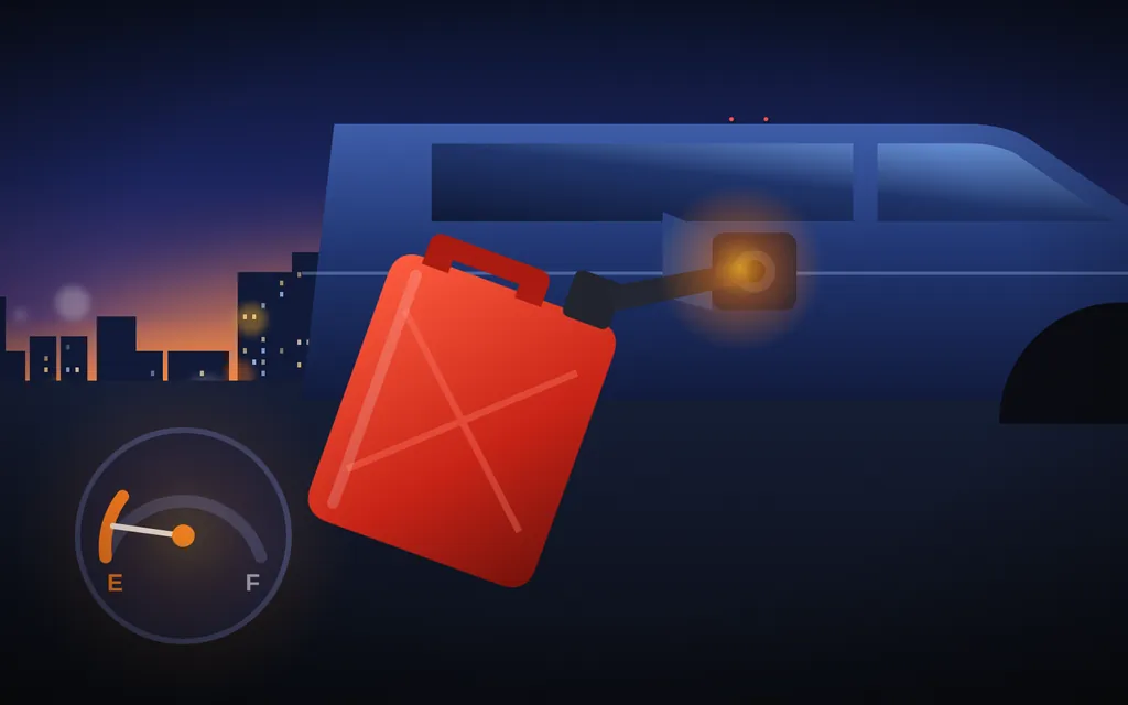 Red fuel can pouring gas into a car's open fuel door, with a fuel gauge reading empty