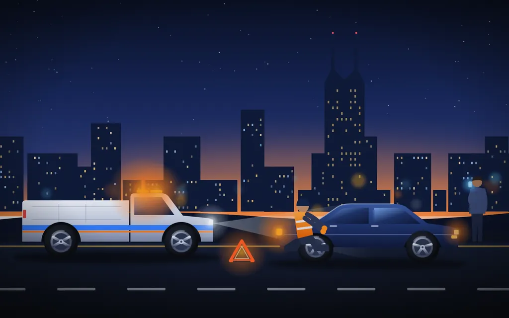 Roadside technician in a high-visibility vest helping a stranded driver at night with a Nashville skyline behind